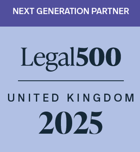 Legal 500 United Kingdom 2025 badge for Next Generation Partner recognition, highlighting top legal professionals in the UK legal industry.