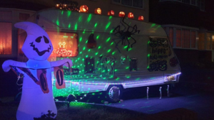 The caravan is decorated for Halloween