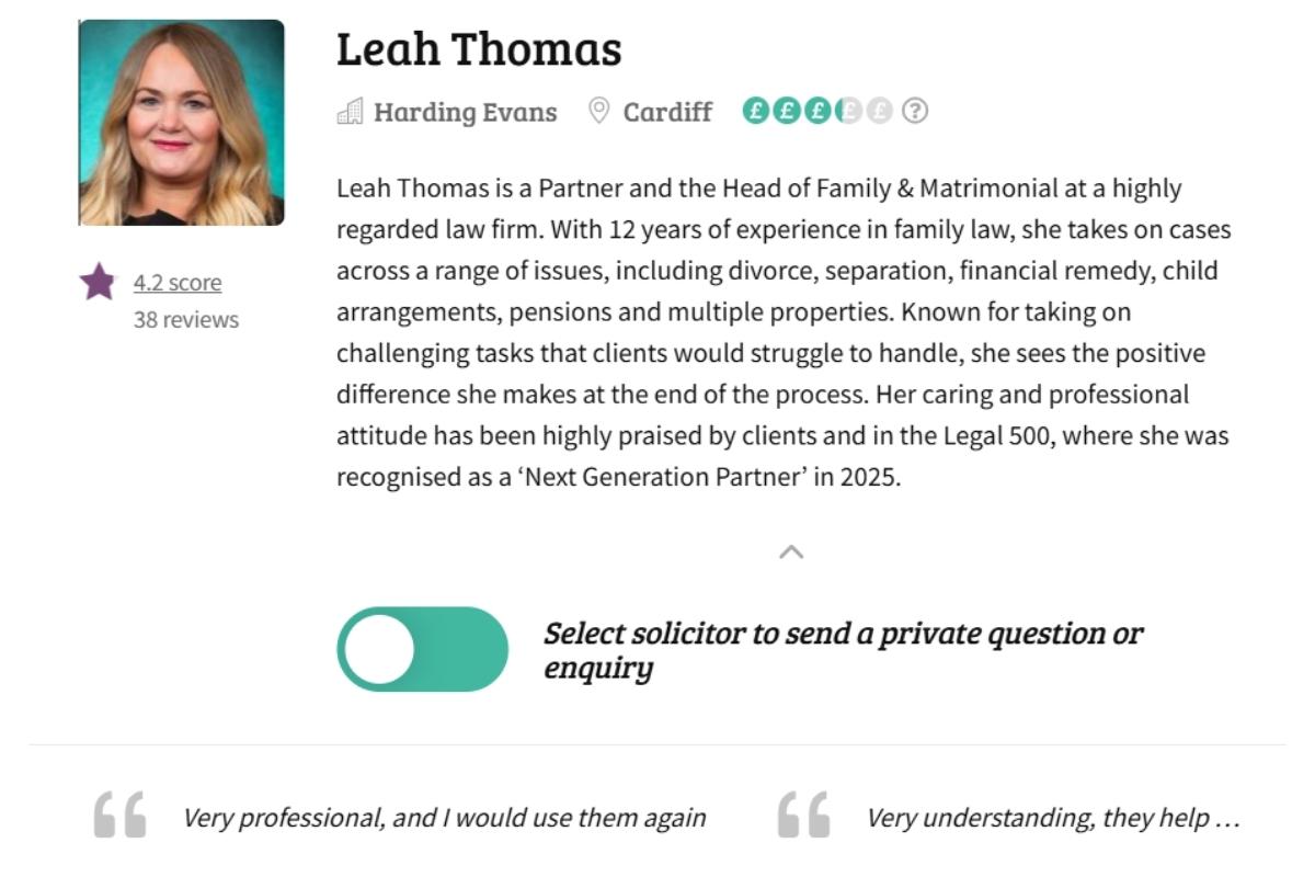 Leah Thomas, Partner and Head of Family & Matrimonial at Harding Evans law firm in Cardiff, profile with 4.2-star rating from 38 reviews, highlighting 12 years of experience in family law and recognition as a 2025 Next Generation Partner.