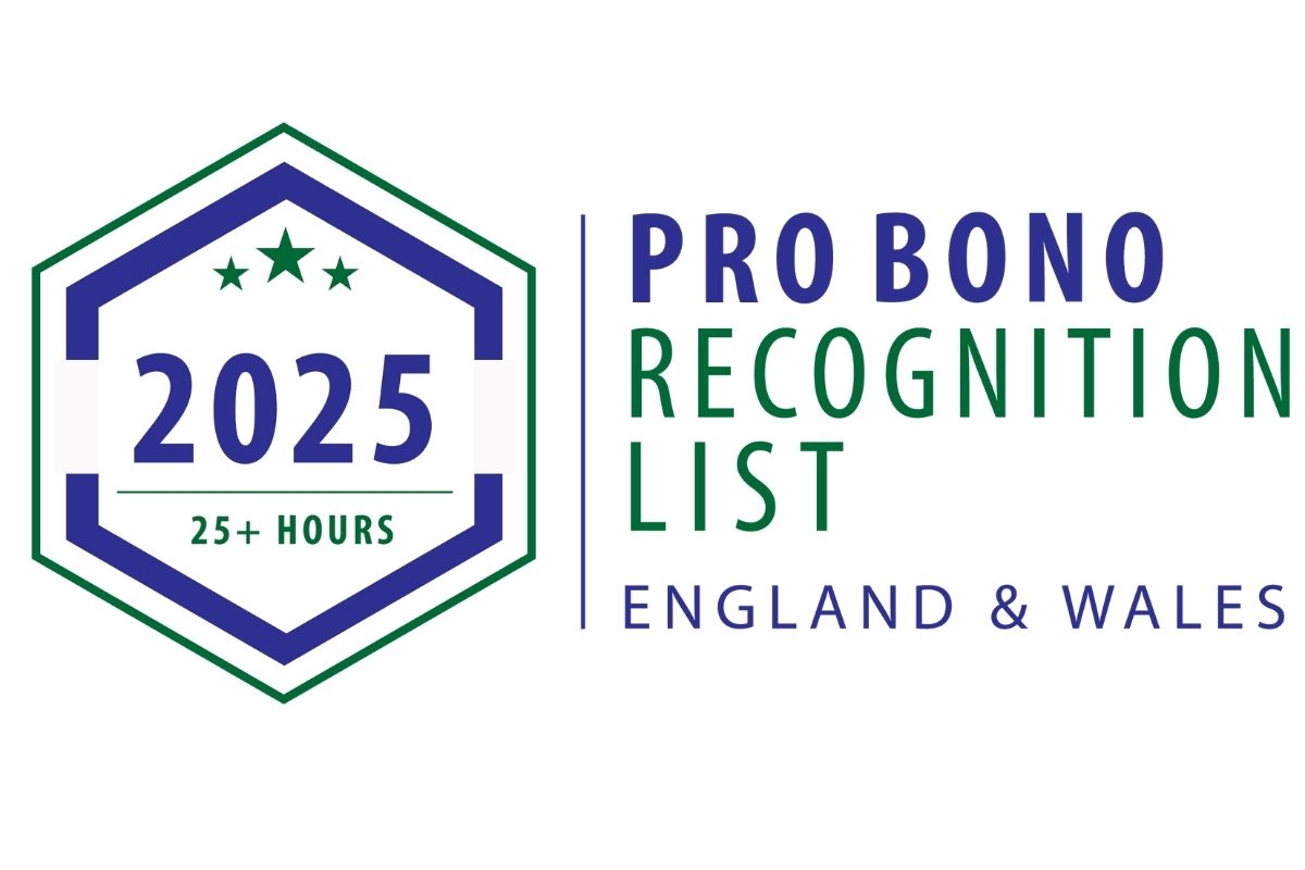 2025 Pro Bono Recognition List badge for England and Wales, awarded for completing over 25 hours of voluntary legal service.