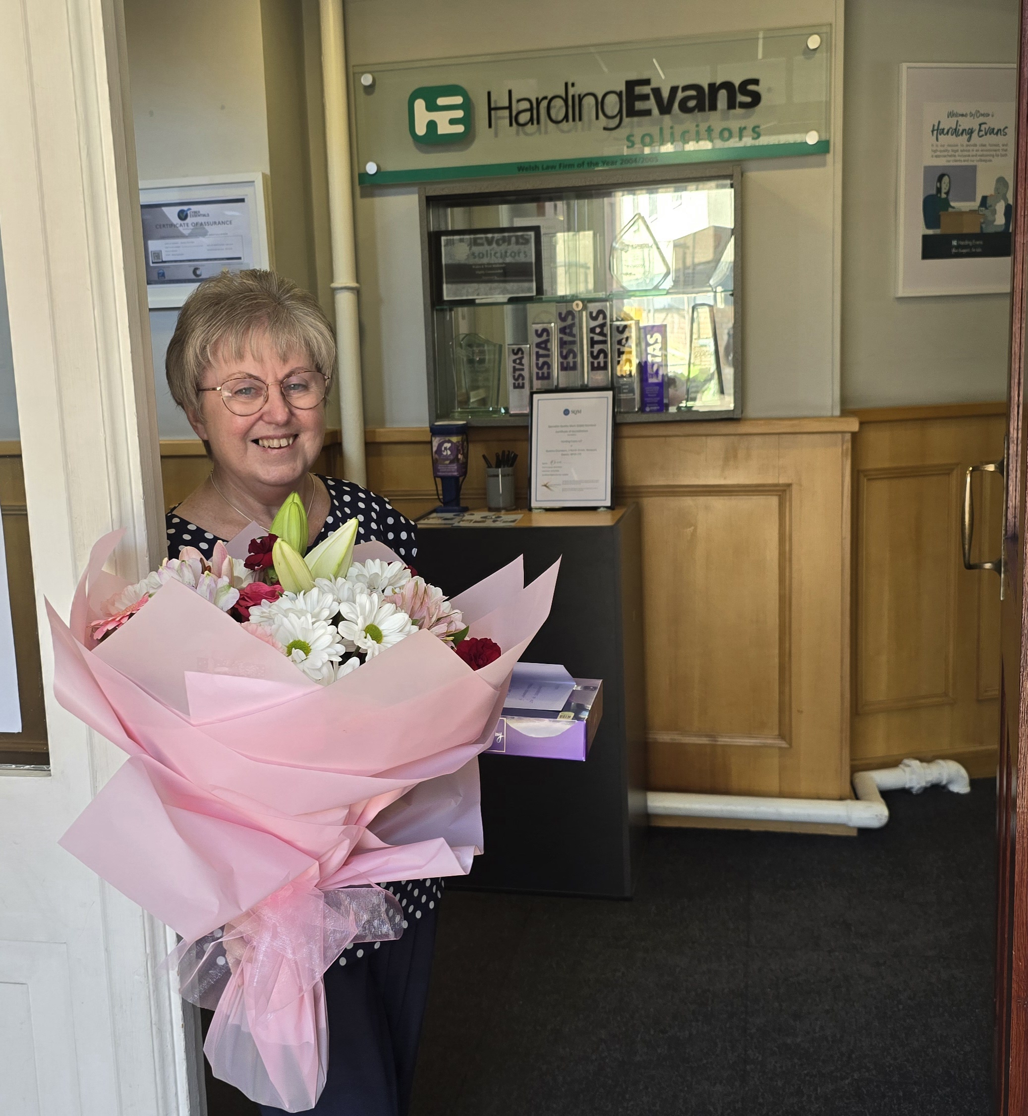 karen powell, head receptionist at harding evans solicitors celebrates 45 years at the firm